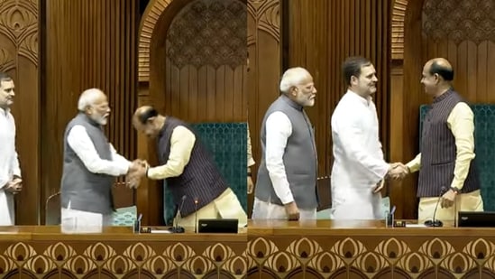 Prime Minister Narendra Modi and Congress leader Rahul Gandhi shaking hands with Speaker Om Birla.