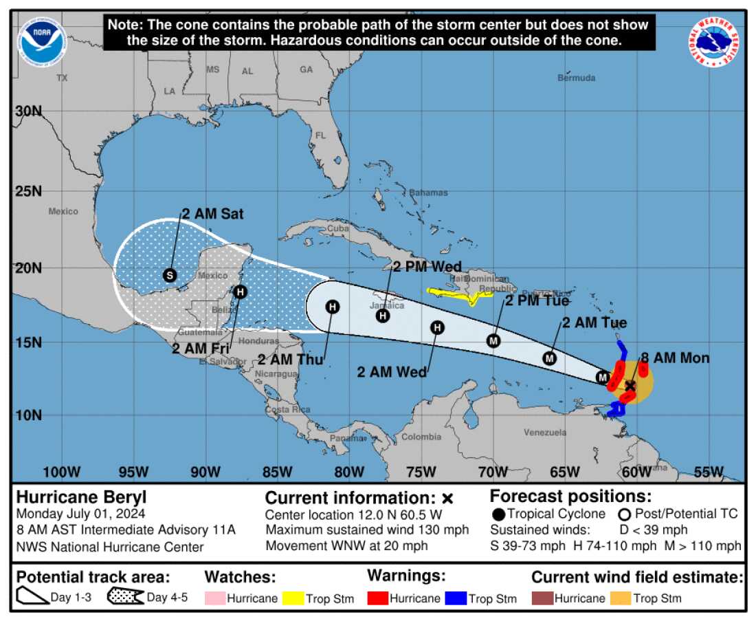 A five-day forecast cone shows the likely path of Hurricane Beryl as it moves across the Caribbean Sea and an eventual landfall — likely near Mexico's Yucatan.