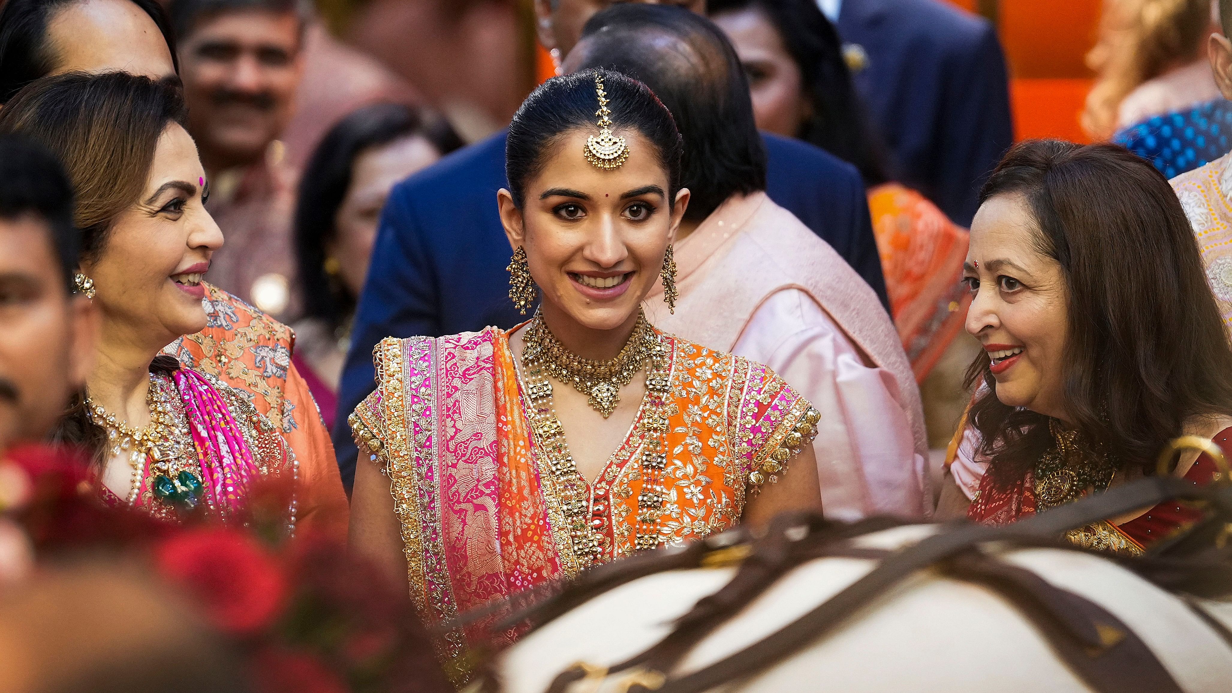 Reliance Foundation Chairperson Nita Ambani with Radhika Merchant during a pre-wedding ceremony ahead of the latter’s wedding with Anant Ambani, at Antilia, in Mumbai.