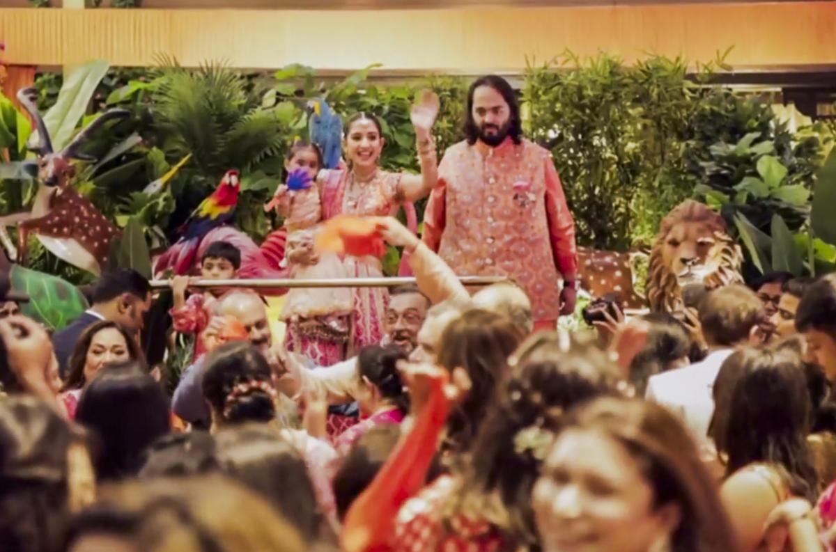 Anant Ambani, Reliance Industries Chairman Mukesh Ambani’s son, and Radhika Merchant during a ceremony ahead of their wedding, at Antilia, in Mumbai