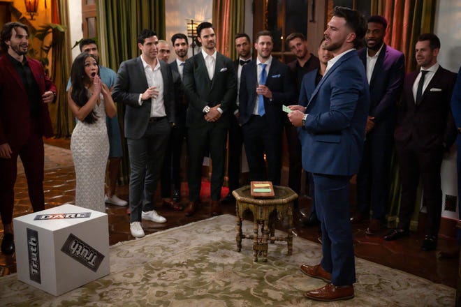 Jenn Tran's men play truth or dare during "The Bachelorette" Season 21 premiere, airing July 8, 2024. Left to right, Tomas A., Devin, Dakota, Jahaan, Spencer, Kevin, Brendan, Sam M., Austin, Dylan and Jeremy are seen here.