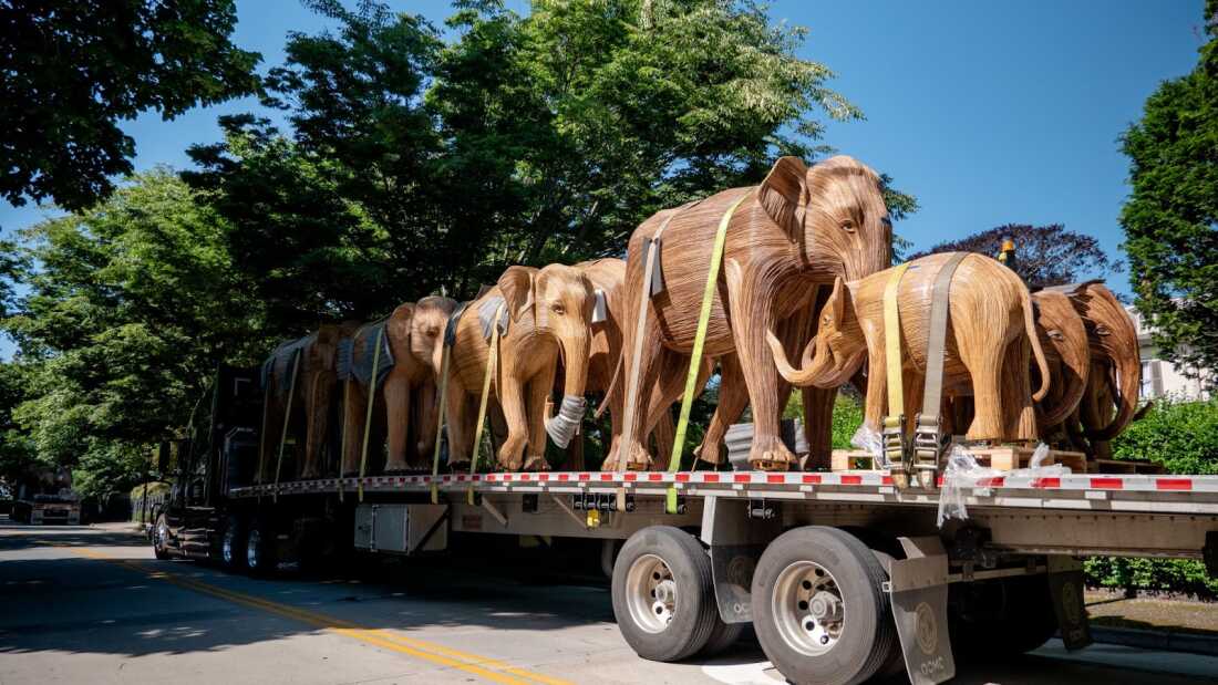 One hundred life-size elephant sculptures made by artisans in Tamil Nadu, India, arrive Newport, R.I. via the Port of New York — the first stop on a year-long cross-country journey.