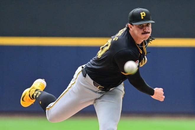 Pittsburgh Pirates starting pitcher Paul Skenes (30) pitches in the first inning against the Milwaukee Brewers at American Family Field on July 11, 2024/