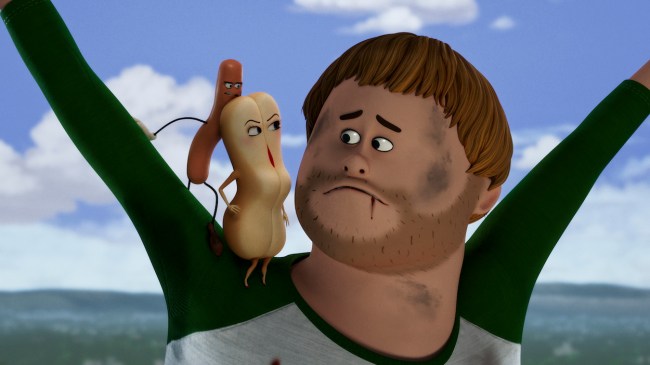 A hot dog and a bun sit on a man's shoulder in 'Sausage Party: Foodtopia' on Amazon Prime Video