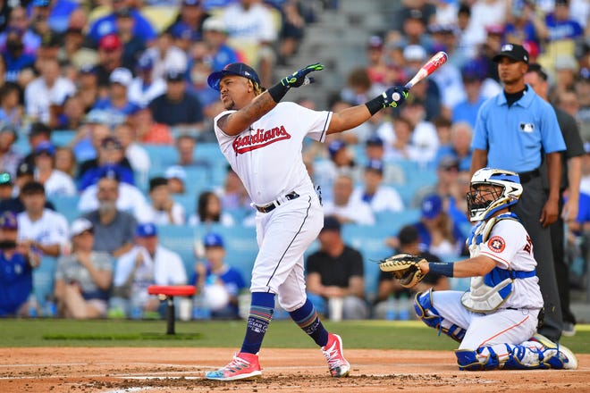 Cleveland Guardians third baseman Jose Ramirez (11) hits in the first round during the 2022 Home Run Derby at Dodgers Stadium. Ramirez is returning to the Home Run Derby this year.