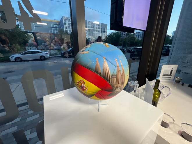 One of the soccer balls Paraguayan artists Lili Cantero painted to honor former World Cup champions. This one is Spain.