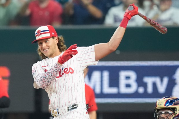 The Philadelphia Phillies’ Alec Bohm participates in the MLB baseball...