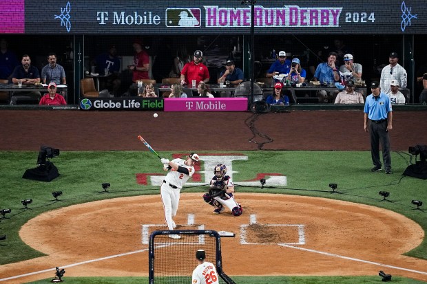 Baltimore Orioles shortstop Gunnar Henderson hits a home run during...