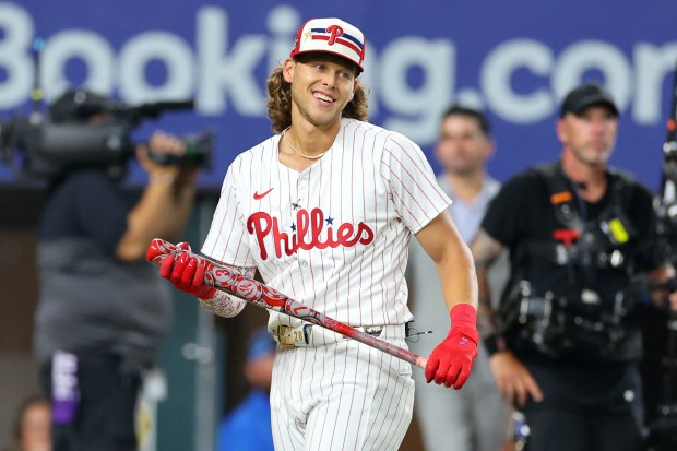 The Philadelphia Phillies’ Alec Bohm reacts during the Home Run...