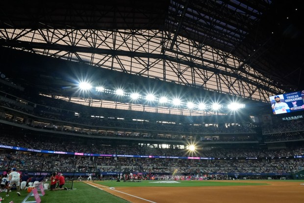 Dodgers outfielder Teoscar Hernández participates in the All-Star Home Run...