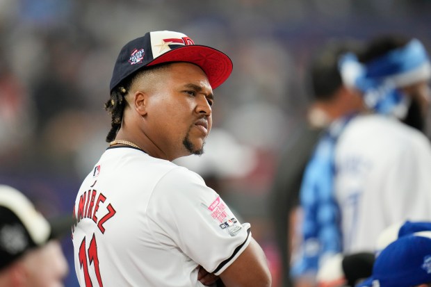 The Cleveland Guardians’ José Ramírez watches during the All-Star Home...