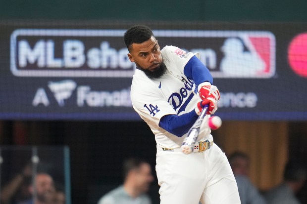 Dodgers outfielder Teoscar Hernández connects during the All-Star Home Run...