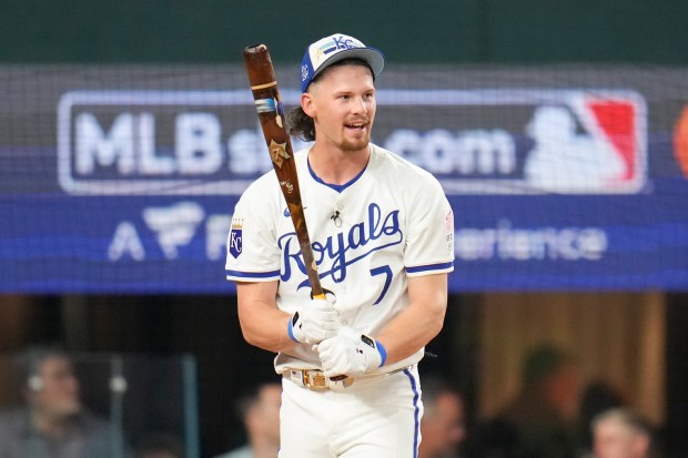 The Kansas City Royals’ Bobby Witt Jr. waits to bat...