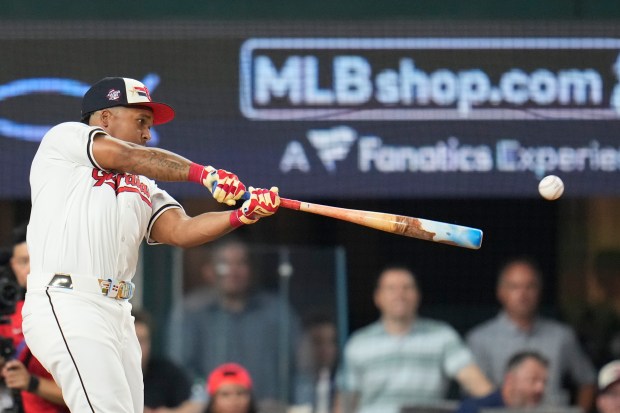 The Cleveland Guardians’ Jose Ramirez connects during the MLB baseball...