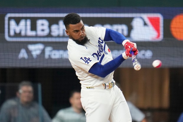 Dodgers outfielder Teoscar Hernández connects during the All-Star Home Run...