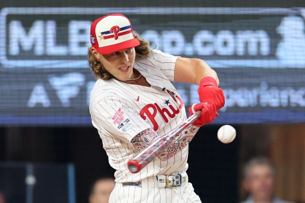 The Philadelphia Phillies’ Alec Bohm bats during the Home Run...