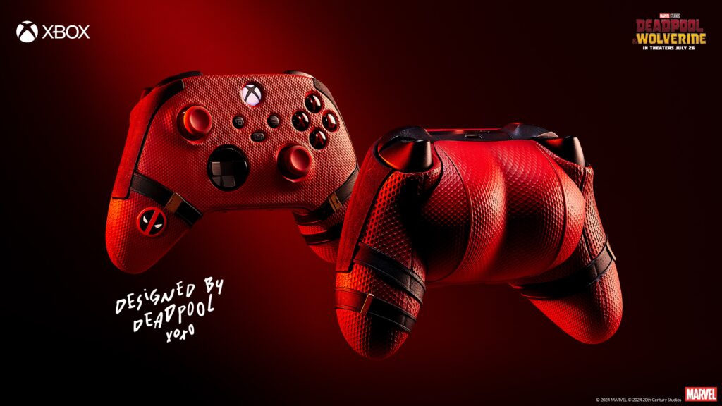 a red and black xbox controller shaped like deadpool's butt