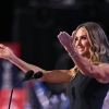 Co-chair of the Republican National Committee Lara Trump blows kisses to her father-in-law, former President Donald Trump, after speaking during the second day of the 2024 Republican National Convention at the Fiserv Forum in Milwaukee on Tuesday.