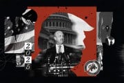 Photo of Kevin Roberts speaks during a news conference on Capitol Hill collaged with various elements including a Trump silhouette, a bible, an american flag, etc.