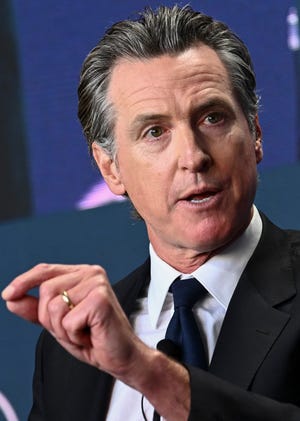 California Governor Gavin Newsom speaks during the Milken Institute Global Conference in Beverly Hills, California on May 2, 2023.