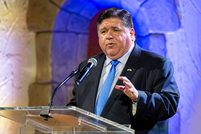 Illinois Gov. J.B. Pritzker speaks to Indiana Democrats Friday, July 12, 2024, during the Hoosier Hospitality Dinner at the Indiana Roof Ballroom.