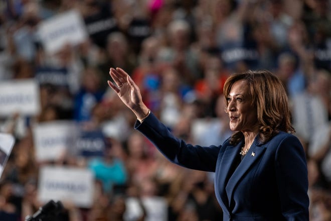 Vice President Kamala Harris speaks to supporters during a campaign rally at West Allis Central High School on July 23, 2024 in West Allis, Wisconsin.