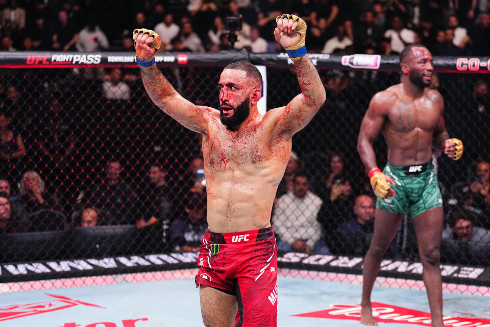 MANCHESTER, ENGLAND - JULY 27: Belal Muhammad reacts after his UFC welterweight championship bout against Leon Edwards of Jamaica during the UFC 304 event at Co-op Live on July 27, 2024 in Manchester, England.  (Photo by Chris Unger/Zuffa LLC via Getty Images)