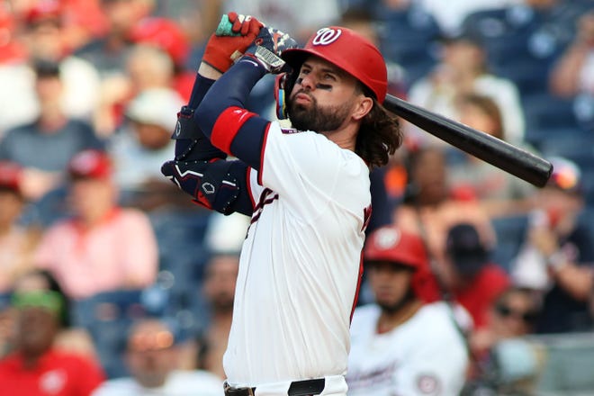 Washington Nationals outfielder Jesse Winker (6) grounds out during the seventh inning against the St. Louis Cardinals on June 16, 2024, at Nationals Park.