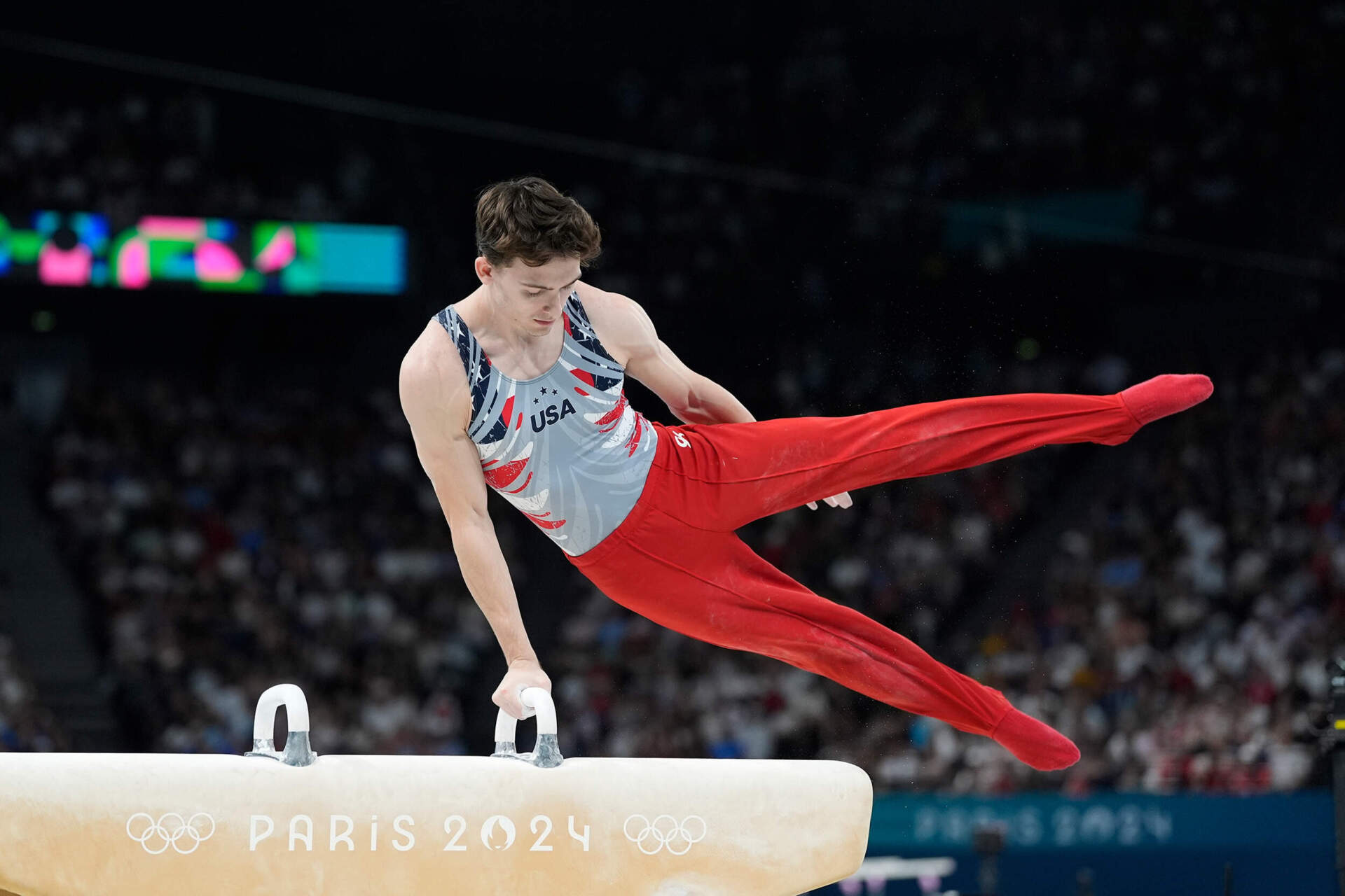 Stephen Nedoroscik, of United States, performs on the pommel during the men's artistic gymnastics team finals round at Bercy Arena at the 2024 Summer Olympics, Monday, July 29, 2024, in Paris, France. (Abbie Parr/AP)