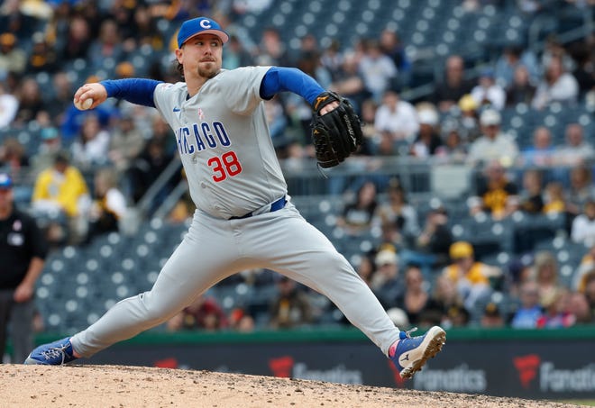 May 12, 2024; Pittsburgh, Pennsylvania, USA; Chicago Cubs relief pitcher Mark Leiter Jr. (38) pitches against the Pittsburgh Pirates during the eighth inning at PNC Park. Mandatory Credit: Charles LeClaire-USA TODAY Sports