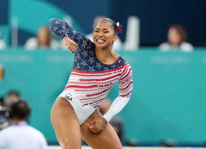 Jul 30, 2024; Paris, France; Jordan Chiles of the United States reacts after competing on the floor exercise during the women’s team final at the Paris 2024 Olympic Summer Games at Bercy Arena. Mandatory Credit: Kyle Terada-USA TODAY Sports