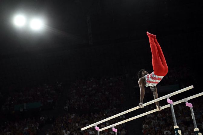 US gymnast Fred Richard competes on the parallel bars during the team final on July 29.