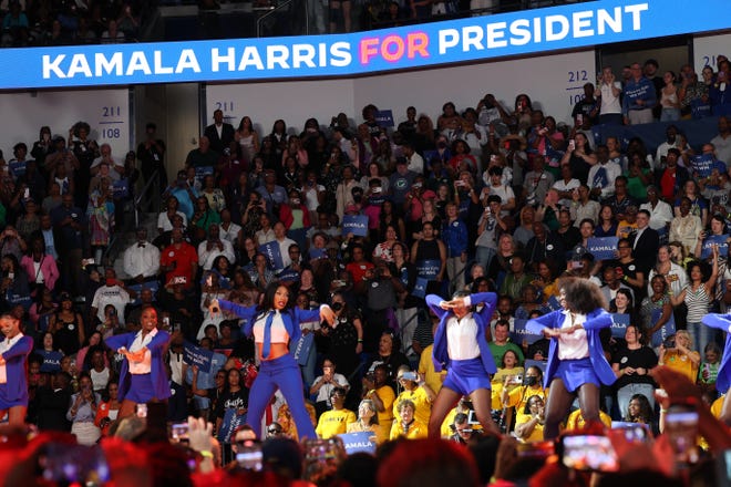 Tuesday, July 30, 2024; Atlanta, Ga; Grammy winner Megan Thee Stallion performs during a presidential campaign rally for Vice President Kamala Harris on Tuesday, July 30, 2024 at the Georgia State Convocation Center in Atlanta, Ga.