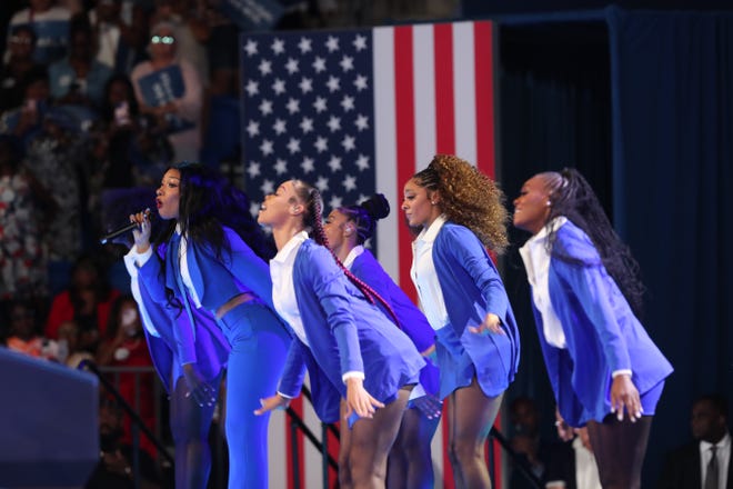 Tuesday, July 30, 2024; Atlanta, Ga; Grammy winner Megan Thee Stallion performs during a presidential campaign rally for Vice President Kamala Harris on Tuesday, July 30, 2024 at the Georgia State Convocation Center in Atlanta, Ga.