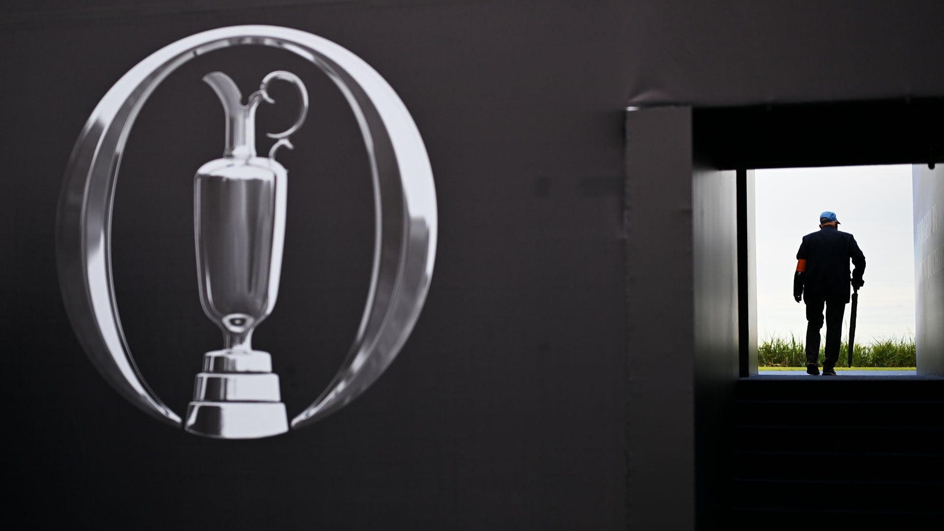 A Claret Jug sign is seen on grandstands at 2024 Open Championship at Royal Troon