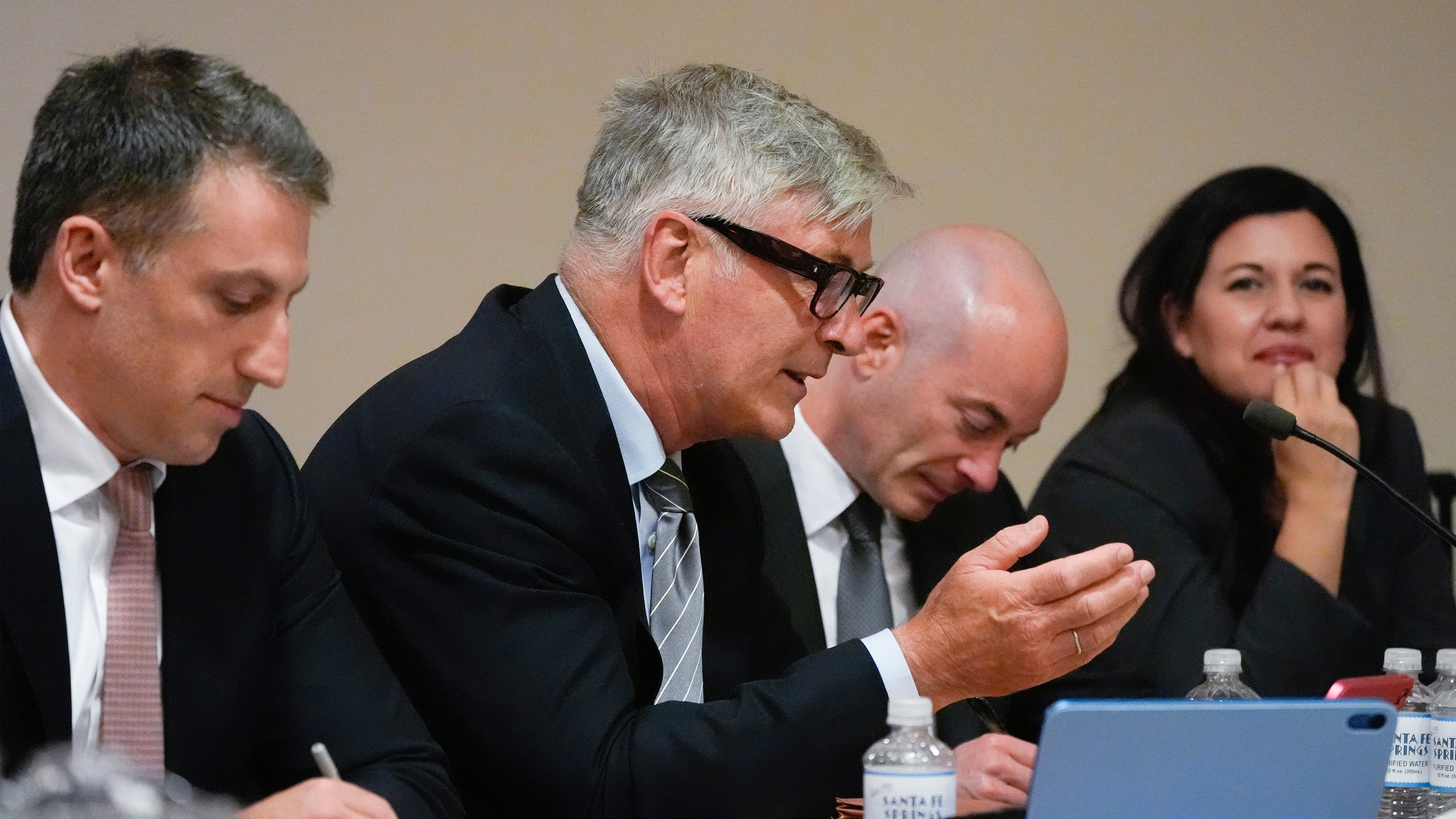 Lawyers Alex Spiro, from left, actor Alec Baldwin, Luke Nikas and Heather LeBlanc participate in a pretrial hearing in Santa Fe, N.M., on Monday, July 8, 2024.