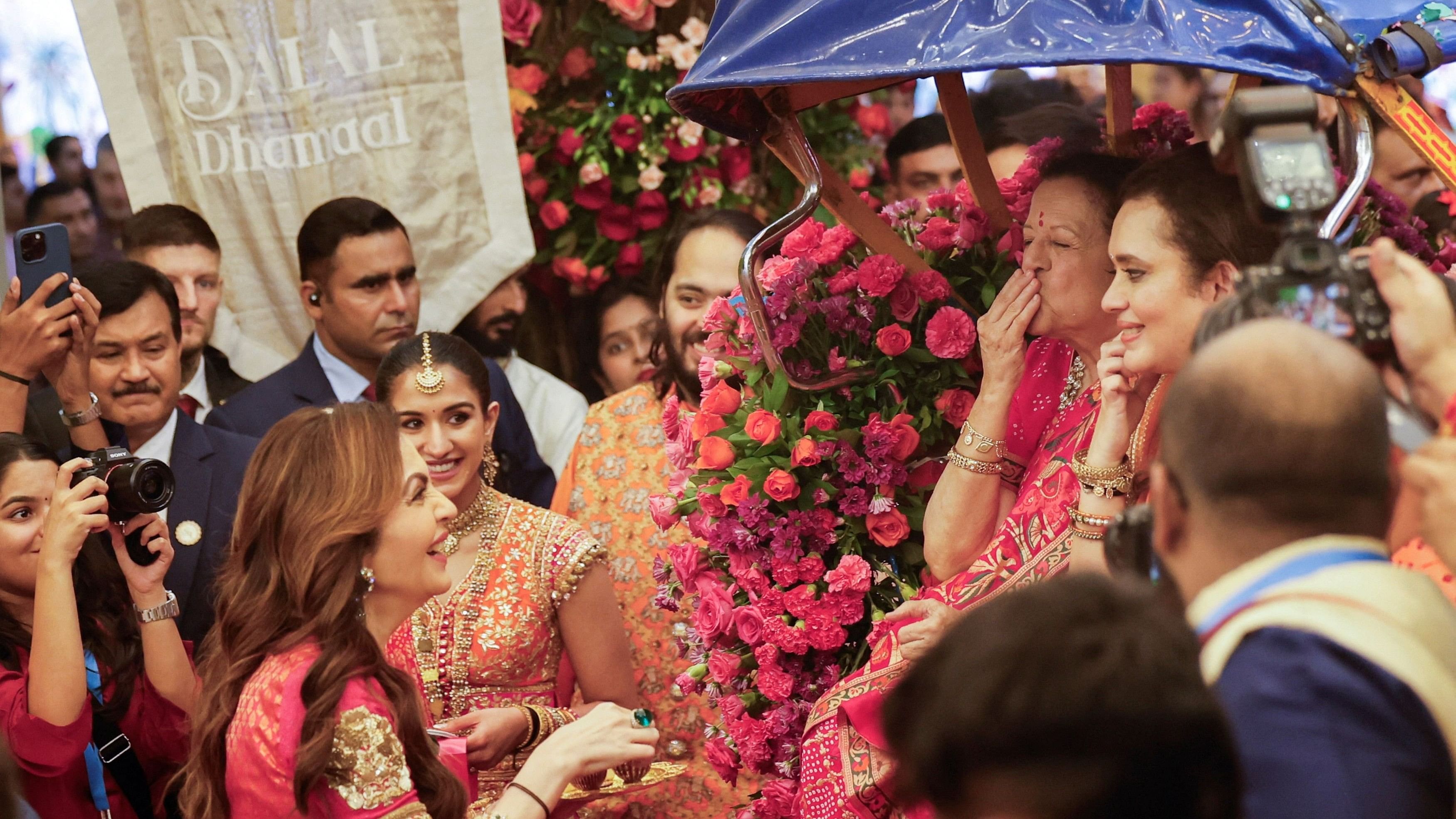 Nita Ambani welcomes her mother mother Purnima Dalal and her sister Mamta Dalal during the pre-wedding ceremony of Anant Ambani and Radhika Merchant, at his residence in Mumbai.