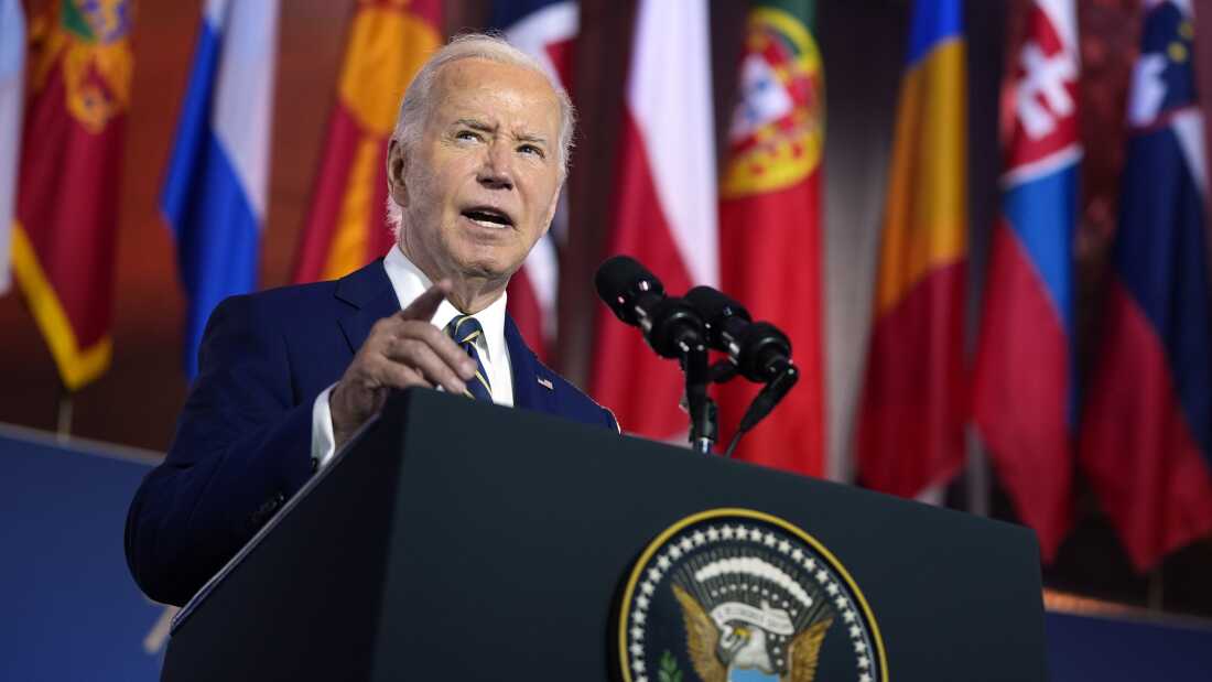 President Joe Biden delivers remarks on the 75th anniversary of NATO at the Andrew W. Mellon Auditorium, Tuesday, July 9 in Washington. 