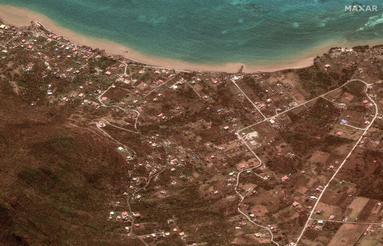 This handout satellite picture courtesy of Maxar Technologies shows an overview of Northeastern Carriacou island, Grenada on July 2, 2024 in the aftermath of Hurricane Beryl. 