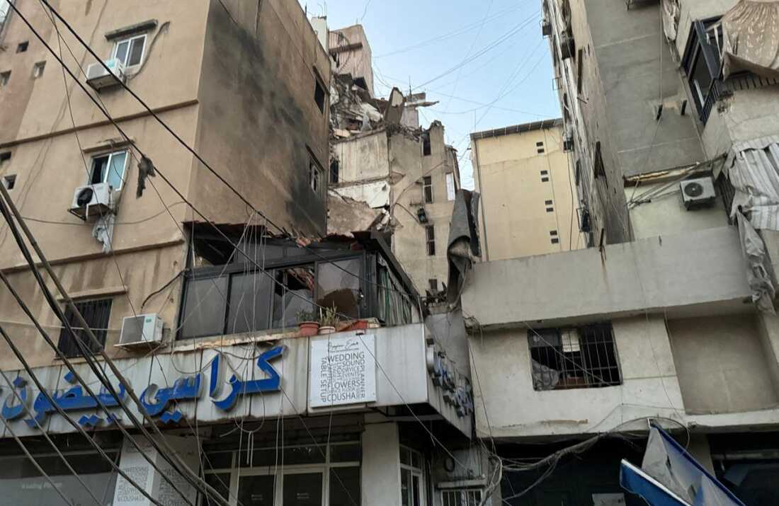 A view of buildings shows damage after what security sources said was a strike on Beirut's southern suburbs, on Tuesday.