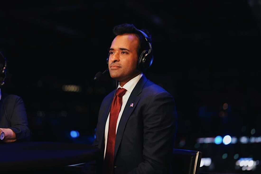 Businessman and former Republican presidential candidate Vivek Ramaswamy speaks to NPR at the Republican National Convention in Milwaukee on Wednesday night.