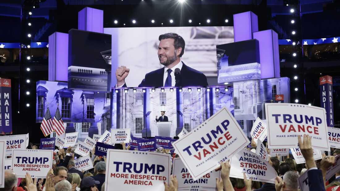 Republican vice presidential candidate, U.S. Sen. J.D. Vance (R-OH) speaks on stage on the third day of the Republican National Convention at the Fiserv Forum on July 17, 2024 in Milwaukee, Wisconsin. 