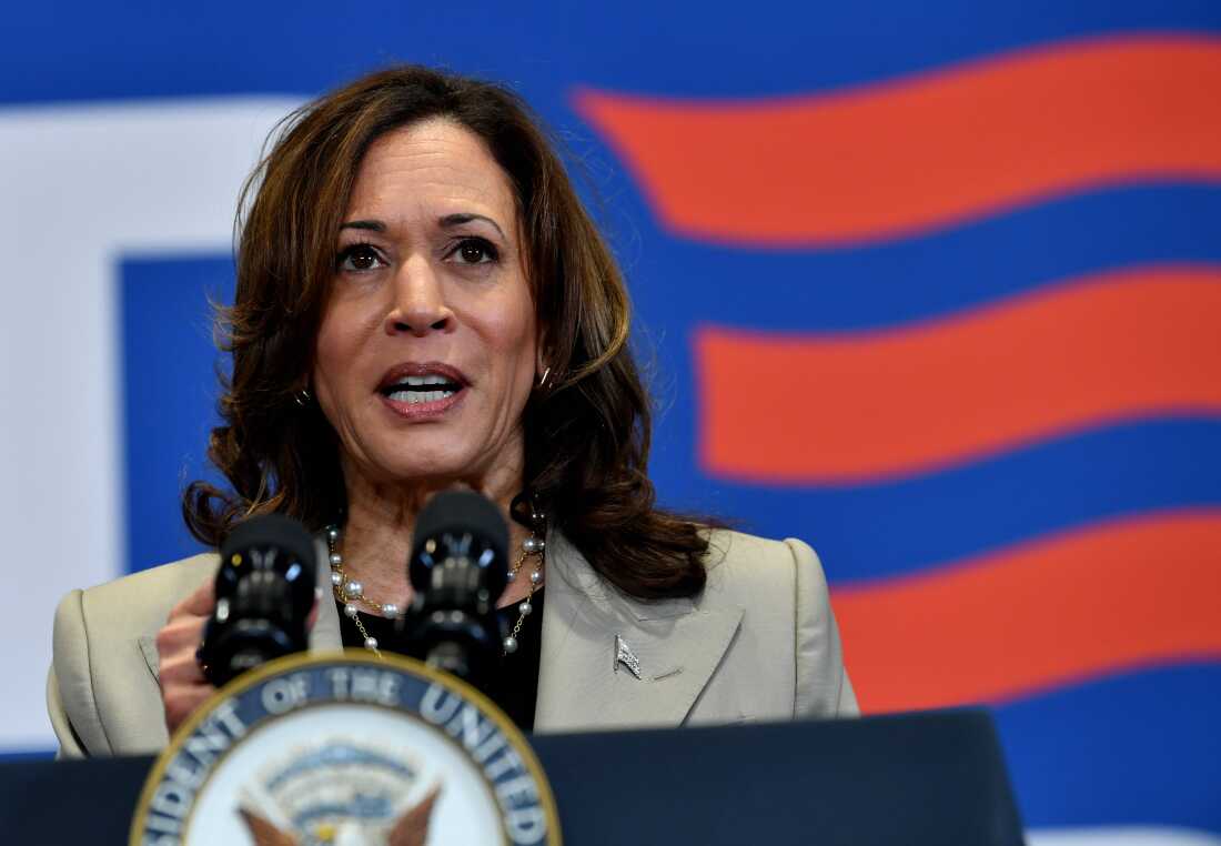 A close up of Vice President Kamala Harris. She is at a podium in front of a huge red and blue 