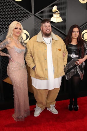 Feb 4, 2024; Los Angeles, CA, USA; Jelly Roll and Bunnie XO at the 66th Annual Grammy Awards at Crypto.com Arena in Los Angeles on Sunday, Feb. 4, 2024.. Mandatory Credit: Dan MacMedan-USA TODAY