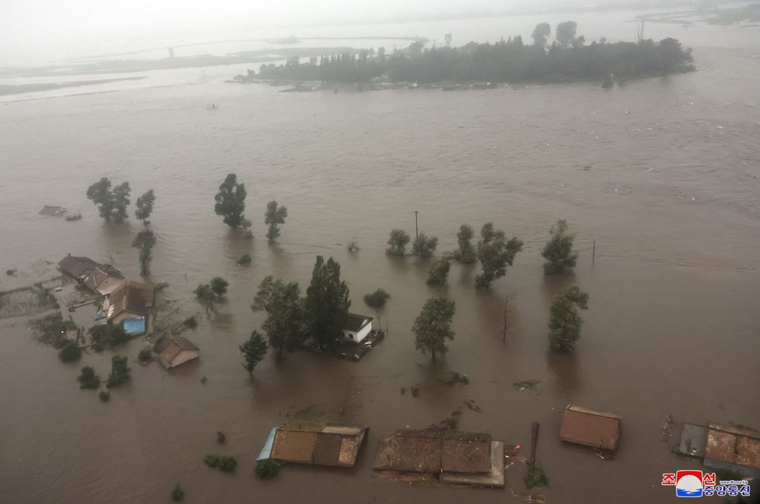 A flooded area in North Korea's North Phyongan province on July 28, pictured in a photo released by North Korea's official Korean Central News Agency.