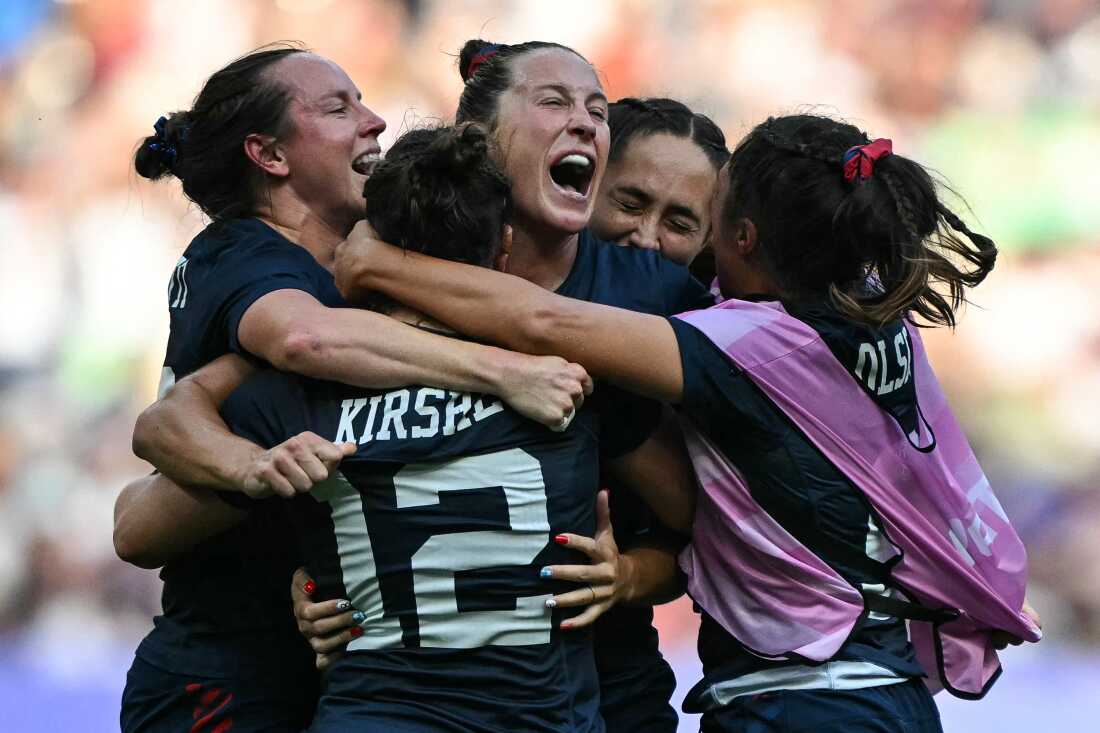 U.S. players react after the women's bronze medal rugby sevens match between USA and Australia during the Paris 2024 Olympic Games at the Stade de France in Saint-Denis on Tuesday.