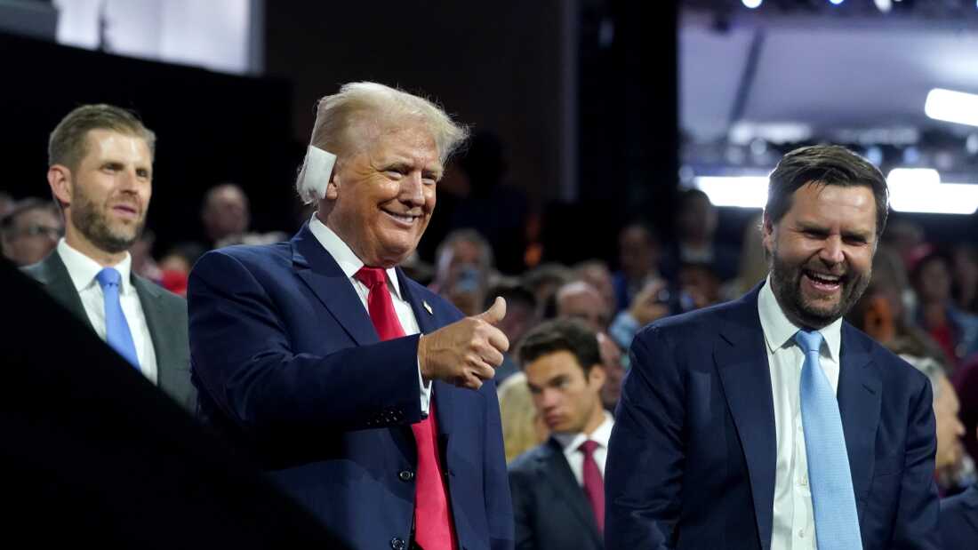 Former President Donald Trump, left, and Sen. J.D. Vance, a Republican from Ohio and Republican vice-presidential nominee, during the Republican National Convention at the Fiserv Forum in Milwaukee on Monday. Trump tapped Vance as his running mate, elevating to the Republican presidential ticket a venture capitalist-turned-senator whose embrace of populist politics garnered national attention and made him a rising star in the party.