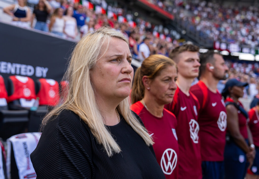 HARRISON, NJ - JULY 13: USWNT coach Emma Hayes stands on the field before a game between Mexico and USWNT 