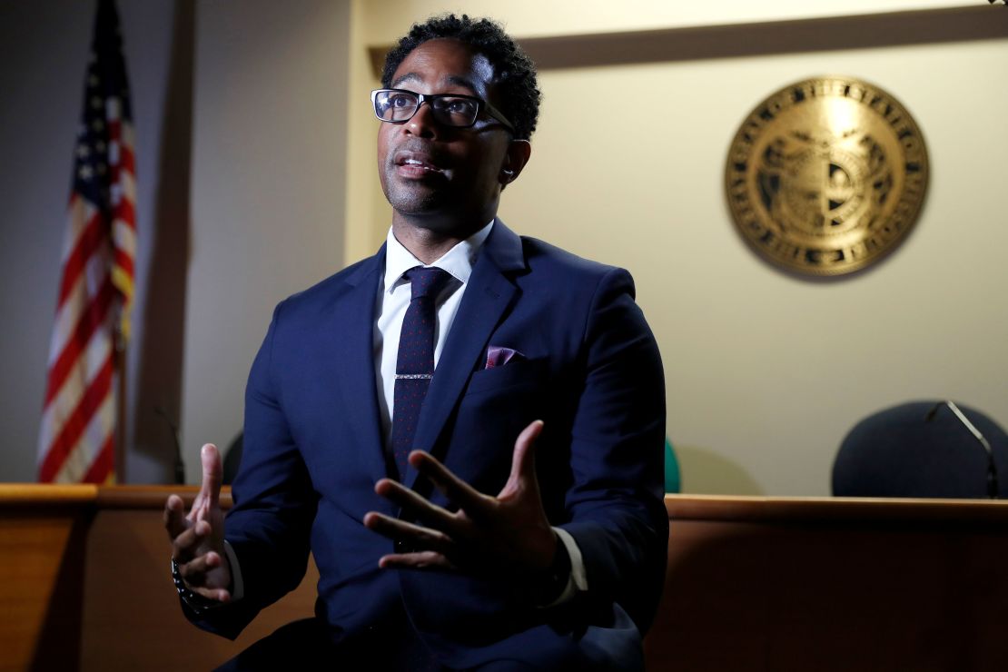 In this July 29, 2019 file photo, St. Louis County prosecutor Wesley Bell speaks during an interview in Clayton, Missouri.