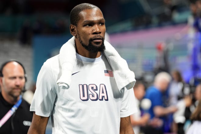 Jul 28, 2024; Villeneuve-d'Ascq, France; United States guard Kevin Durant (7) after a game against Serbia during the Paris 2024 Olympic Summer Games at Stade Pierre-Mauroy. Mandatory Credit: John David Mercer-USA TODAY Sports